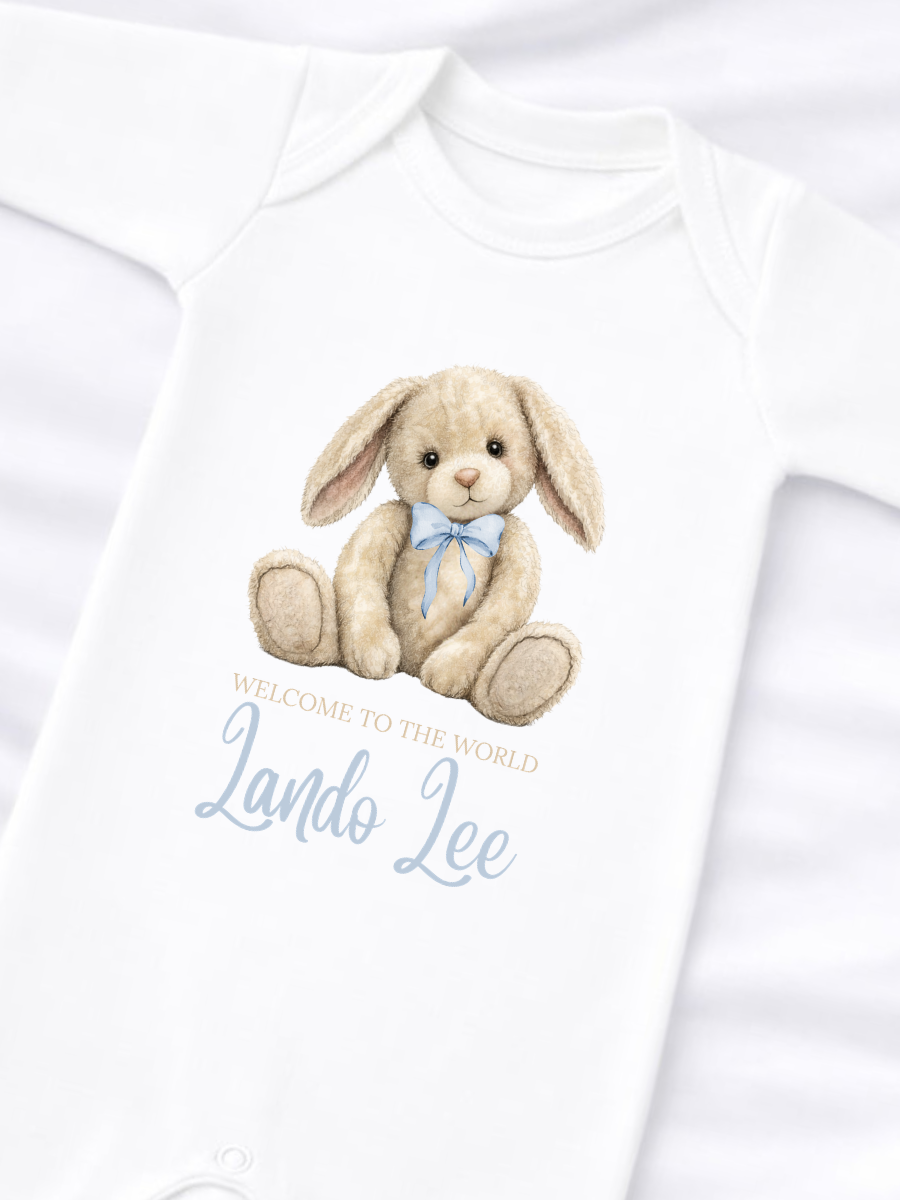 Personalised Welcome To The World Baby Grow Blue